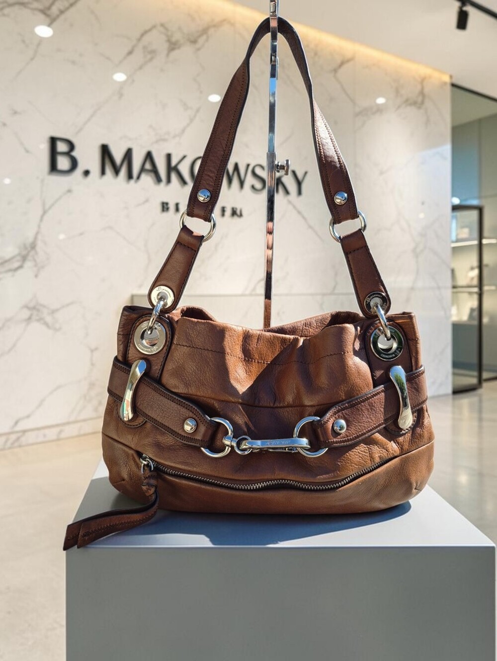 B. Makowsky Vintage Leather Belted Hobo Bag